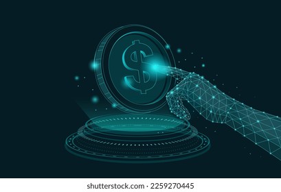 Hand reaching to touch the Digital Money Coin. Low poly. Concept about mobile banking, online payment, digital finance, and online business.