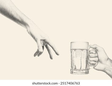 Hand reaching towards a beer mug, sense of connection and celebration. Retro photocopy effect, vintage dotted texture. Perfect for pubs, bars, or beer related content.