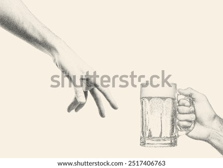 Hand reaching towards a beer mug, sense of connection and celebration. Retro photocopy effect, vintage dotted texture. Perfect for pubs, bars, or beer related content.