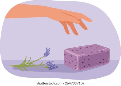 
Mão Alcançando um Lavender Sabão Vetor Ilustração de Desenho Animado. Mulher usando um produto cosmético caseiro com ingredientes naturais  

