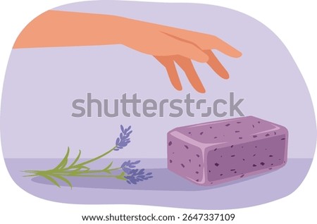 
Hand Reaching Towards a Lavender Soap Vector Cartoon Illustration. Woman using a homemade cosmetic product with natural ingredients  
