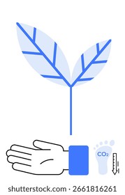 Hand reaching towards leaf, symbolizing growth and sustainability. Carbon footprint and thermometer indicate environmental impact. Ideal for themes on sustainability, growth, eco-friendly practices
