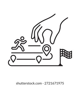Uma mão alcançando uma figura de corrida com um mapa e linha de chegada