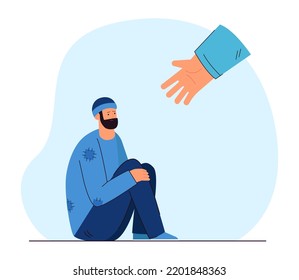 Hand Reaching Towards Upset Homeless Man Sitting On Ground. Person Helping Sad Poor Character Flat Vector Illustration. Poverty, Support Concept For Banner, Website Design Or Landing Web Page