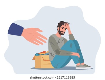 Hand reaching towards upset homeless man in ragged clothes sitting on ground. Person helping sad poor character. Poverty, support concept. Vector illustration