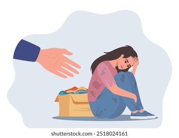 Hand reaching towards upset homeless woman in ragged clothes sitting on ground. Person helping sad poor character. Poverty, support concept. Vector illustration