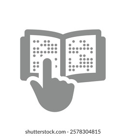 Hand reading a braille book. Open book for visually impaired, tactile alphabet vector icon.