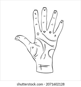  Hand reading is a concept of palmistry. Hand with signs vector illustration.