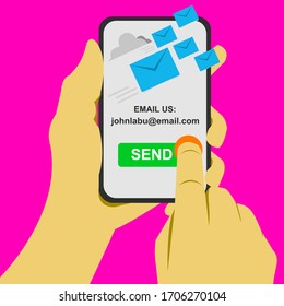 Hand Ready To Click Send Button To Send Email On Smart Phone Illustration Vector | EPS10 