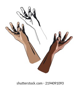 Hand ready to hold a tray. Graphic or poster vector illustration of palm and forearm with stretched fingers - a waiter like pose - sketch, white and dark skin tone