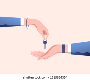 Hand of real estate agent gives house door keys to hand of customer. Buy, rental or lease a house. Vector illustration.