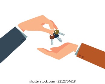 Hand of real estate agent gives house door keys to hand of customer. Buy, rental or lease a house. Vector illustration.
Hands giving keys. Real estate concept. Realtor. Sale of real estate, apartments