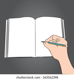 Hand real illustration vector with pencil write book
