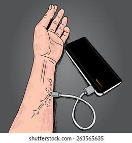 Hand real illustration vector with Power Bank charger energy