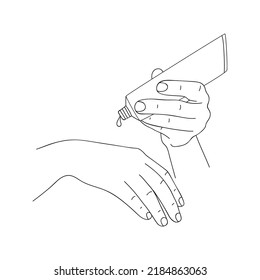 Hand in realistic gesture applies cream from tube to other hand. Female hands of stroking and rubbing to skin moisturizing cream. Taking care of your health, beauty and youth. Sketch, linear drawing