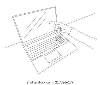 Hand in realistic gesture points his finger at laptop monitor. E-commerce, distance learning, remote work, video selector. Self-employment in field of information technologies. Sketch, linear drawing