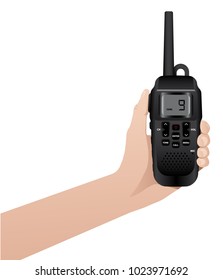 Hand with realistic walkie talkie waterproof device isolated on white background. Vector illustration