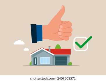 Hand realtor showing thumb up. Little house. Purchase and pick real estate home. Flat vector illustration