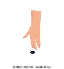 Hand rearranges and moves black and white dice. Board games such as backgammon, dice gamble or checkers, flat vector illustration isolated on white background.