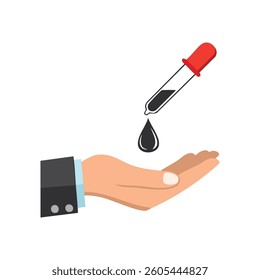 A hand receives a drop from a dropper. Simple illustration over white background
