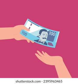 Hand Receiving 100 Soles from Another Hand. Receive money. Borrowing Money from a Friend, Debt and Loan, Payment of Incentives or Bonuses, Concept of Credit or Loan.