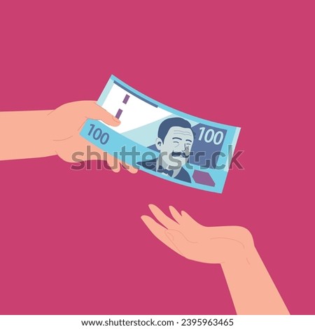 Hand Receiving 100 Soles from Another Hand. Receive money. Borrowing Money from a Friend, Debt and Loan, Payment of Incentives or Bonuses, Concept of Credit or Loan.