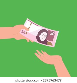 Hand, die 50 Soles von einer anderen Hand erhält. Erhalten Sie Geld. Ausleihe von Geld von einem Freund, Schulden und Darlehen, Zahlung von Anreizen oder Bonuszahlungen, Konzept von Kredit oder Darlehen.