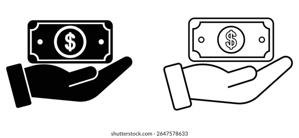 Mano que recibe el icono del Vector del dólar. Dar el contorno del Vector del dinero y el icono negro. Icono de ahorro de dinero, dinero del salario. mano sosteniendo el símbolo del dólar, Ilustración vectorial. 
