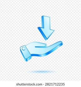 Hand Receiving Download Arrow, 3D Blue Glossy Receive Transfer Icon