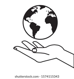 hand receiving human with planet earth line style icon vector illustration design