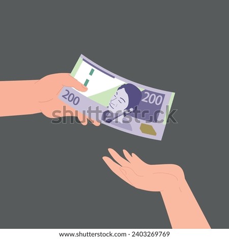 Hand Receiving Money from Another Hand. New 200 Peruvian soles. Receive money. Borrowing Money from a Friend, Debt and Loan, Payment of Incentives