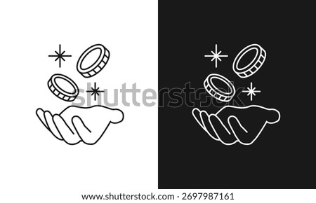 Hand Receiving Sparkling Coins Line Art Icon, Minimalist Symbol for Earning Money, Receiving a Bonus, or Magical Wealth, Modern Isometric Vector Graphic for Finance, Rewards, and Donations.