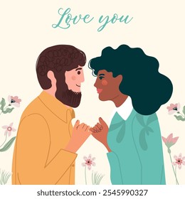 Hand to hand. Reconciliation childish. A man and a woman look at each other in love. Concept of love and relationship. Hand drawn vector.