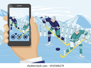 Hand recording video with hockey players. Two men playing hockey outdoors on beautiful winter landscape. Hand holding smartphone and streaming online cartoon vector illustration