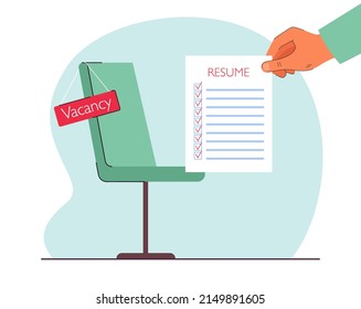 Hand of recruit holding resume for manager job. Search of vacancy by person with CV document flat vector illustration. Career, recruitment concept for banner, website design or landing web page