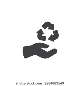 Hand and Recycle sign vector icon. filled flat sign for mobile concept and web design. Three round arrows in hand glyph icon. Symbol, logo illustration. Vector graphics