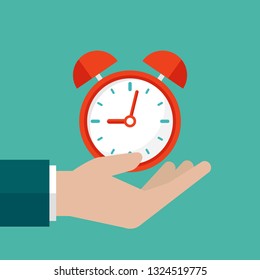 Hand with red alarm clock isolated on turquoise background. Fast time stop watch, limited offer, deadline symbol. Vector illustration.