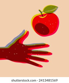 Hand with a red apple, printed on a risograph. Vector illustration