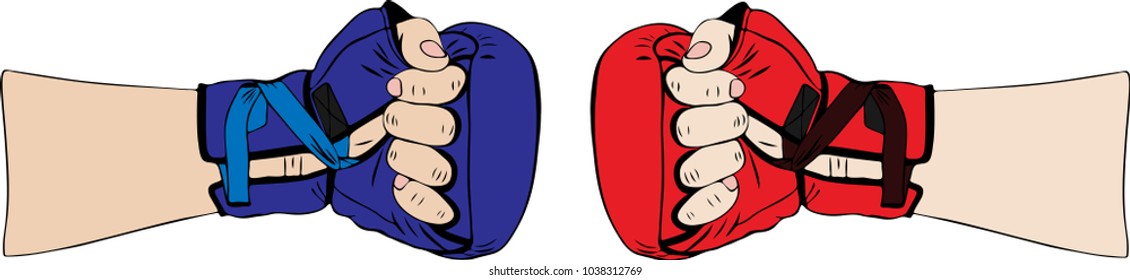 hand in red boxing glove and in blue, body parts opposite each other isolated on white background