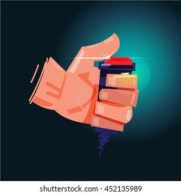 Hand with red Red button - vector illustration