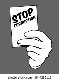 Hand with red card and stop corruption. Vector Illustration and icon. 