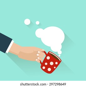 Hand with red cup of coffee and cloud of steam. Flat design style.