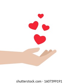 Hand With Red Flying Hearts On White Background. Charity, Philanthropy, Giving Help, Love Concept. St. Valentine Card. Flat Vector Illustration. 