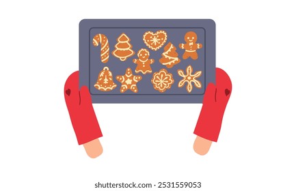 Hand in red gloves holding tray with tasty gingerbread cookie collection. Cooking dessert for Christmas dinner. Making sweet traditional food. Isolated flat vector illustration