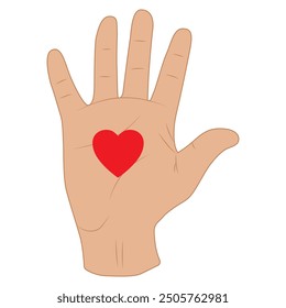 hand with a red heart inside on white background