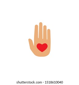 Hand with red heart isolated on white background. charity, philanthropy, giving help, love concept. Flat vector illustration. 
