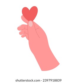 Hand with red heart on white background. Valentine's Day celebra