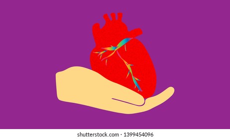 A hand with red heart and rainbow color veins. LBGT Pride day awareness. Vector illustration.