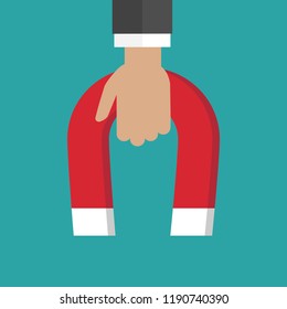 Hand with red horseshoe magnet.  Businessman attracting money, customers, investment success. Vector flat illustration on blue background