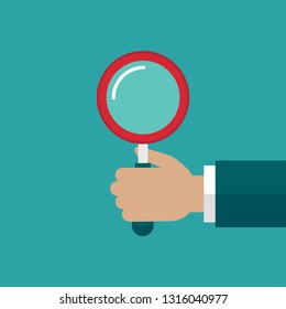 hand with red magnifier isolated on blue. Magnifying glass. Detective, find, search, discover vector flat illustration.